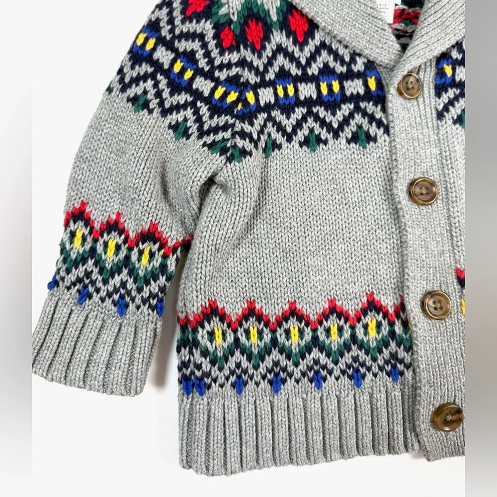 BABY GAP Cardigan Sweater 6-12M Fair Isle Animal Print Grandpacore Shawl Collar‎
